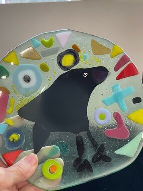 Wanderlust “ Fused Art Glass  Round Clear  Lt Green Original Handmade 8”Bowl